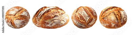 Four rustic sourdough bread loaves with golden brown crusts and distinctive flour dusting