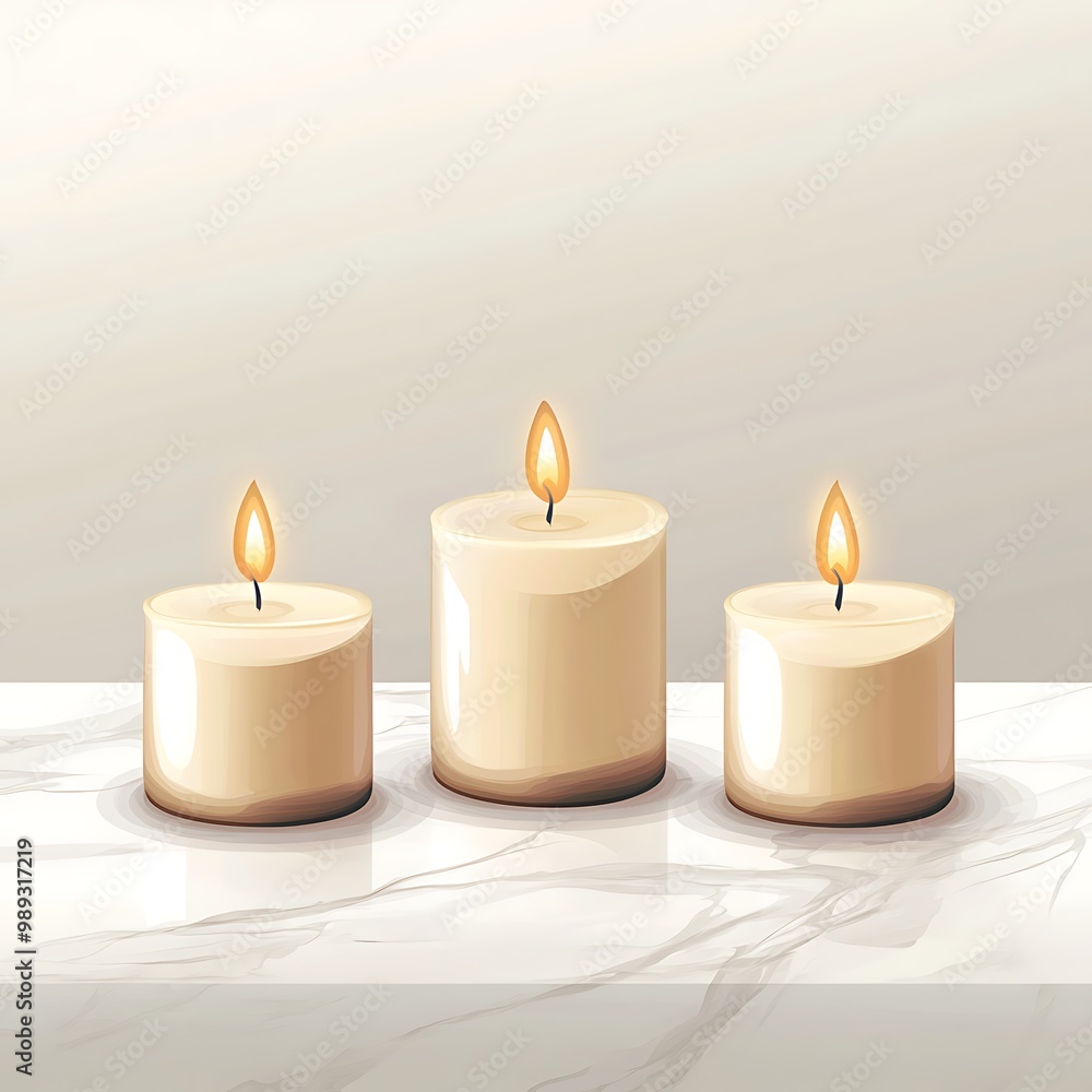 Serene Elegance: Three Minimalist Candles on Marble Countertop - Vector Illustration Serene Elegance: Three Minimalist Candles on Marble Countertop - Vector Illustration