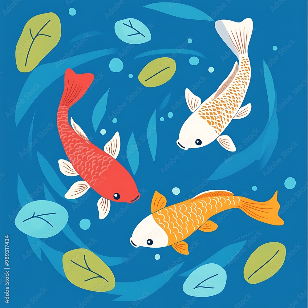 Whimsical Fish Trio in a Serene Blue Pond - Vibrant Flat Vector Illustration Whimsical Fish Trio in a Serene Blue Pond - Vibrant Flat Vector Illustration