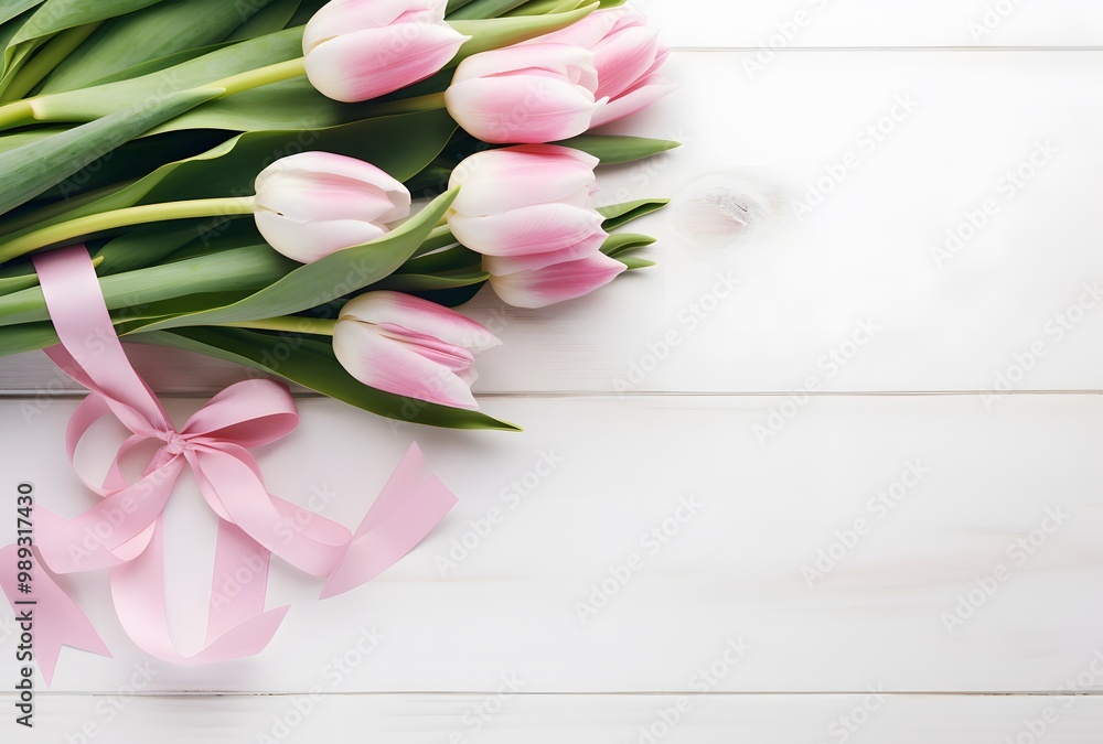 Pink and White Tulip Bouquet with Ribbon on White Wooden Background Pink and White Tulip Bouquet with Ribbon on White Wooden Background