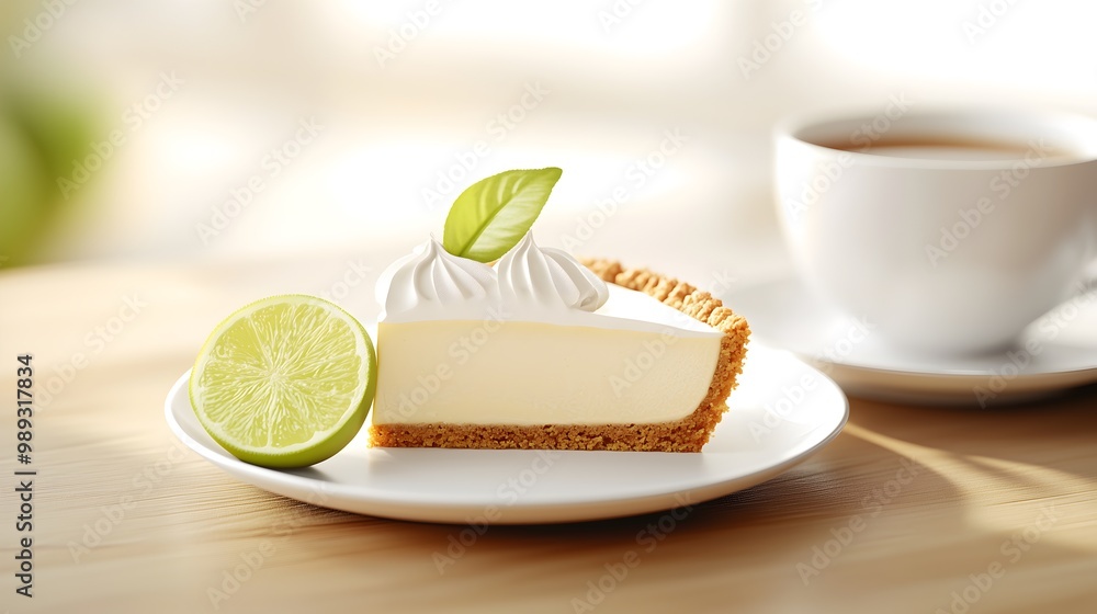 Slice of Classic Key Lime Pie Tea Cozy Composition Wooden Table Slice of Classic Key Lime Pie Tea Cozy Composition Wooden Table