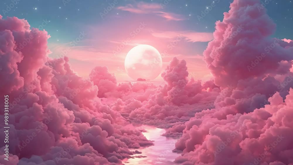 The sky is filled with pink clouds and a bright pink moon is shining in ...