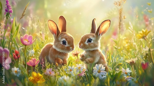 Adorable animals like bunnies playing in a field of flowers