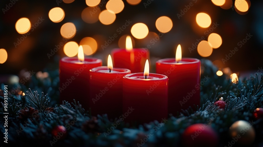 Five red candles in a Christmas wreath, with a blurred background of warm lights. Five red candles in a Christmas wreath, with a blurred background of warm lights.