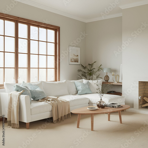 White corner sofa near fireplace. Scandinavian home interior design of modern living room.
