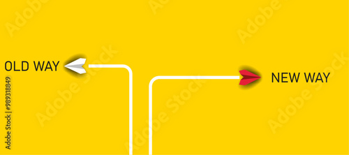 Red paper airplane flying old way new way. New Idea concept. business life change concept. Different thinking, Business leader, personality development idea concept.	
