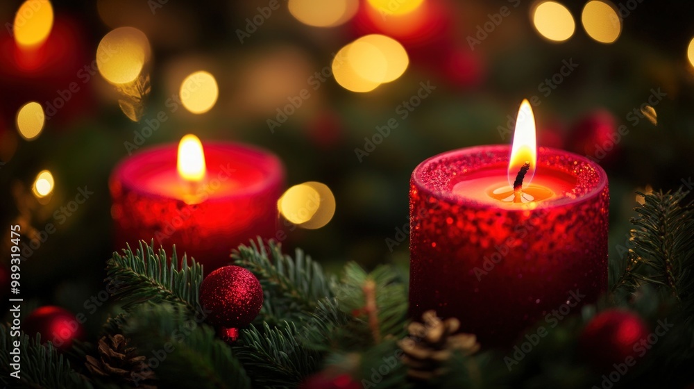 Two red candles are lit on an advent wreath. Two red candles are lit on an advent wreath.