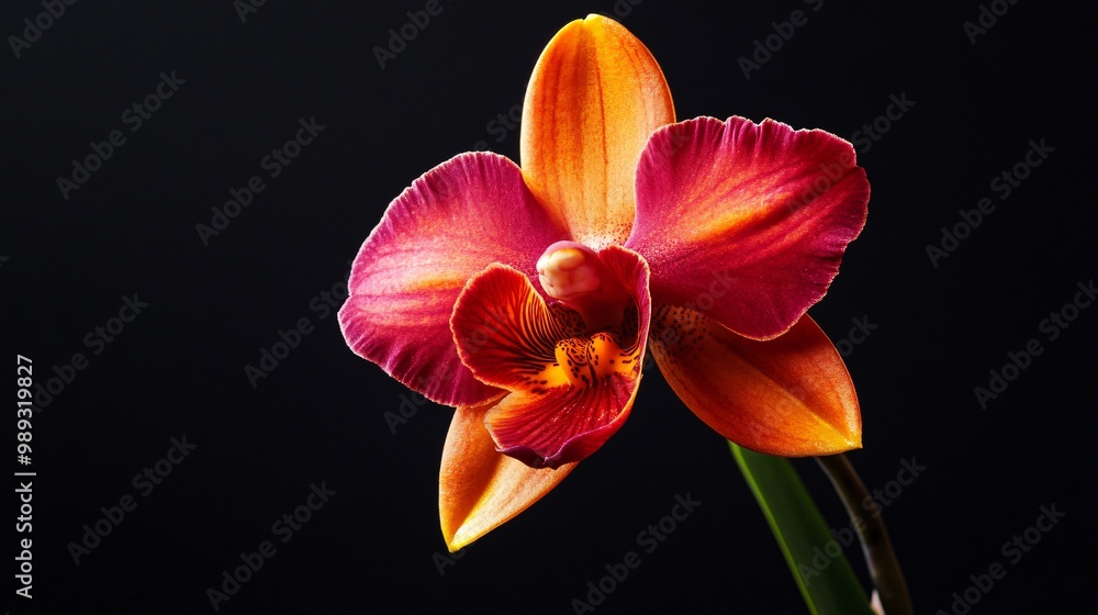 A wild orchid with vivid orange and red petals, standing against a matte black background for an intense contrast A wild orchid with vivid orange and red petals, standing against a matte black background for an intense contrast