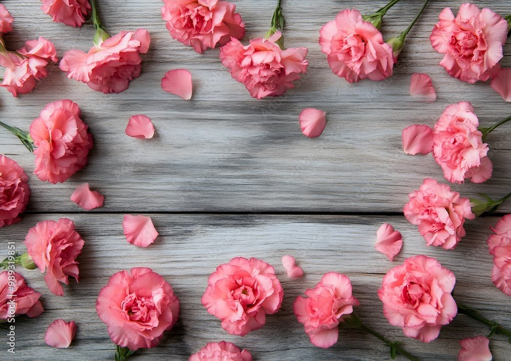 Pink Carnations Flat Lay on Wooden Background Pink Carnations Flat Lay on Wooden Background
