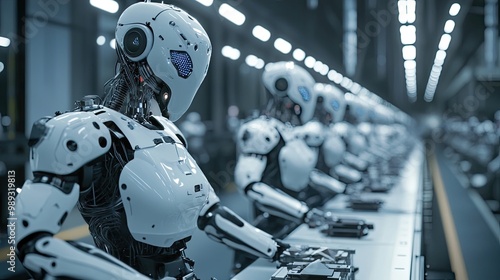 AI-driven futuristic manufacturing process with robots and smart machines