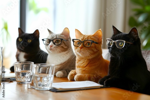 cute cats wearing glasses having a meeting
