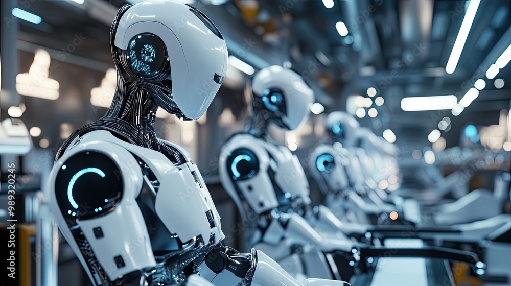 Fototapeta premium AI-driven futuristic manufacturing process with robots and smart machines