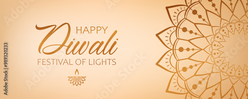 Elegant festive banner design for hindu festival Diwali. Golden text Happy Diwali, festival of lights, diya lamp and floral abstract mandala on cream background.