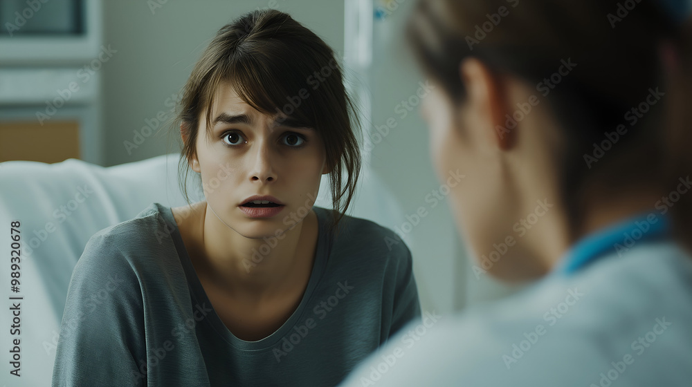 Fototapeta premium portrait of a concerned female patient in a hospital setting, anxious woman sitting on a hospital bed during medical consultation, worried patient listening to doctor, emotional healthcare scene, medi