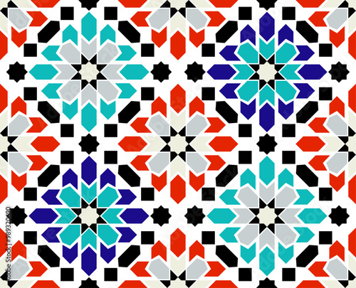 Arabic Mosaic Zellige Colorful Vector. Red, blue and green colors. Seamless