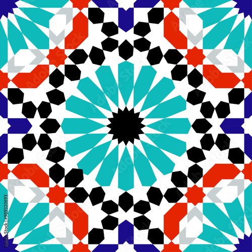 Arabic Mosaic Zellige Colorful Vector. Red, blue and green colors. Seamless