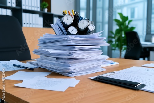 A desk cluttered with paperwork and files, showing the fast pace of office work and deadlines photo