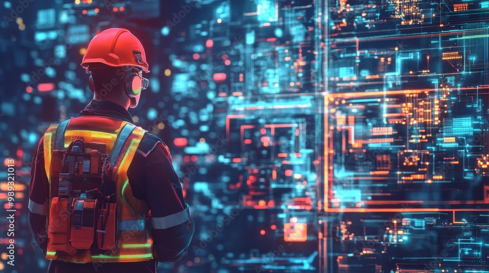 Futuristic Engineer Inspecting High-Tech Industrial Control Panel Futuristic Engineer Inspecting High-Tech Industrial Control Panel