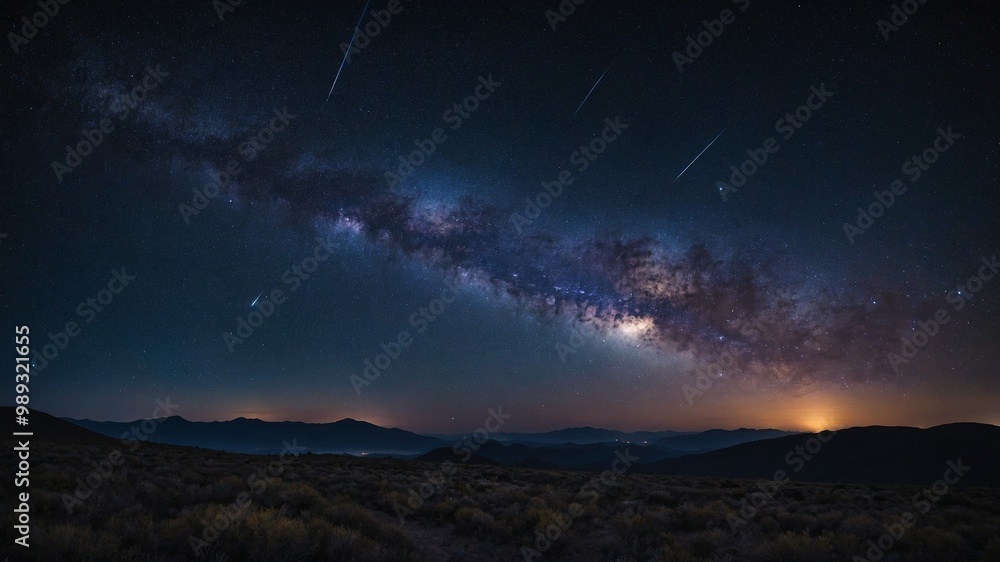Night sky with Milky Way galaxy visible, stretching across dark blue sky above mountainous landscape with grassy foreground Night sky with Milky Way galaxy visible, stretching across dark blue sky above mountainous landscape with grassy foreground