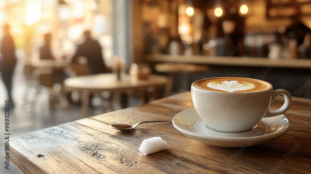 Fototapeta premium A cup of latte with latte art on a wooden table in a cafe.