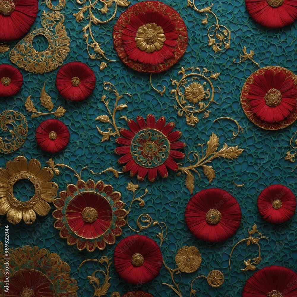 Vibrant and intricate pattern featuring large red flowers with golden centers against deep teal background, surrounded by swirling golden and teal floral motifs Vibrant and intricate pattern featuring large red flowers with golden centers against deep teal background, surrounded by swirling golden and teal floral motifs