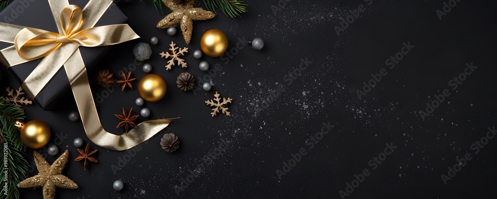 Black Christmas Background with Gold Gift & Decorations