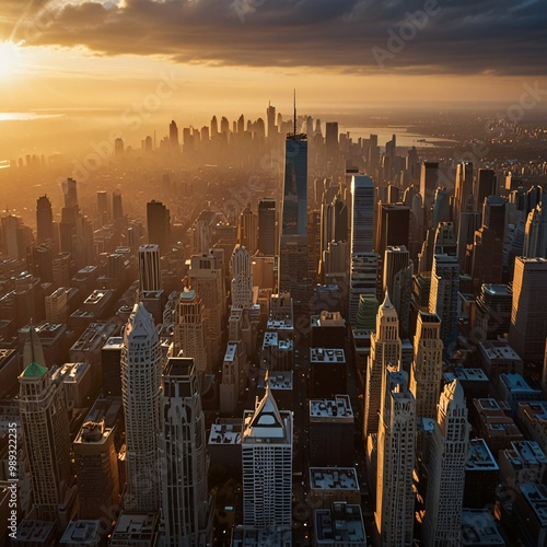 An aerial drone shot of a bustling city skyline at sunrise. The golden rays of the morning sun reflect off the skyscrapers, casting long shadows on the quiet streets below