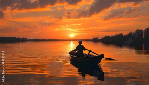 serene sunset boat rowing on a tranquil lake with an orange sky