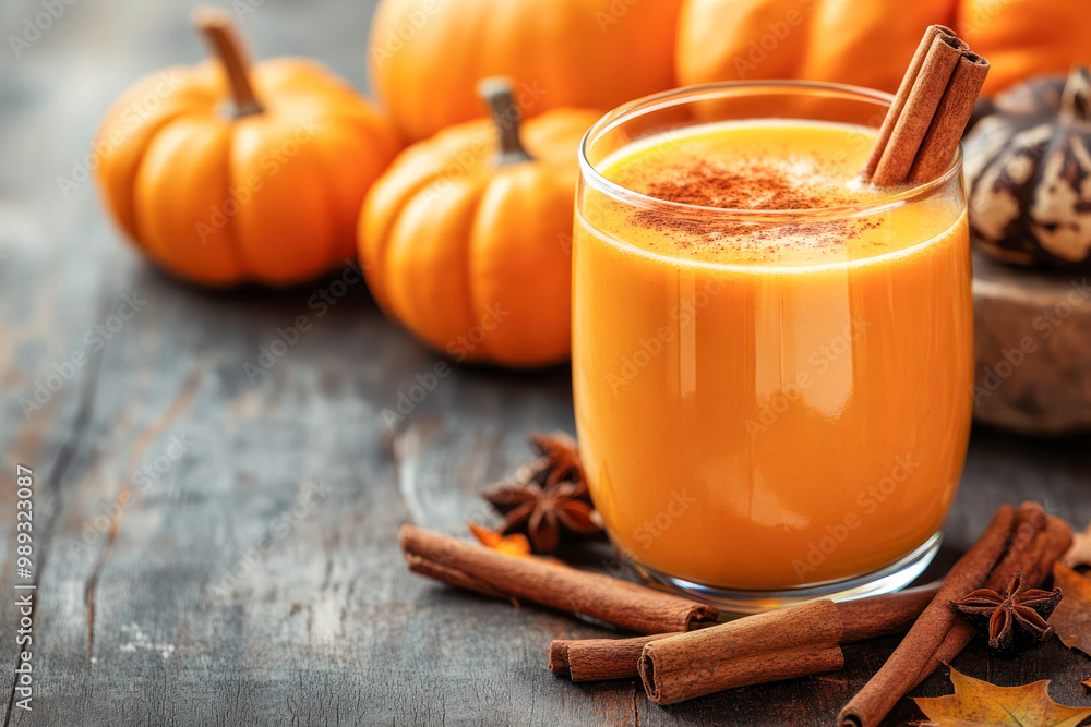 Pumpkin smoothie with cinnamon sticks on a rustic wooden table surrounded by small pumpkins in the background. Pumpkin smoothie with cinnamon sticks on a rustic wooden table surrounded by small pumpkins in the background.