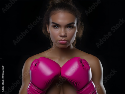 powerful portrait of a determined female boxer with pink boxing gloves symbolizing breast cancer awareness and strength, strong woman fighter in pink gloves, breast cancer advocacy and empowerment cam