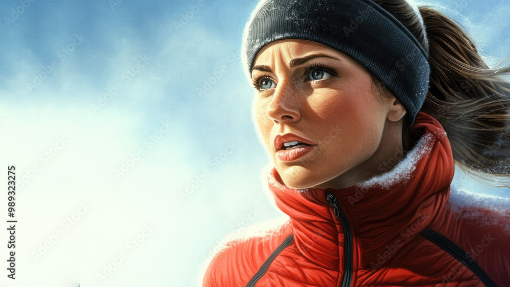 determined young caucasian woman in winter clothing and headband jogging outdoors in cold weather, illustration determined young caucasian woman in winter clothing and headband jogging outdoors in cold weather, illustration