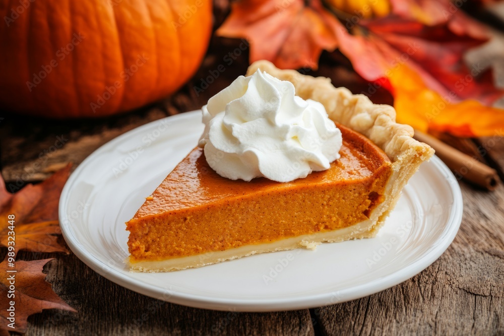 Slice of traditional pumpkin pie for Thanksgiving dinner topped with whipped cream, concept food recipe, menu, cafe or restaurant Slice of traditional pumpkin pie for Thanksgiving dinner topped with whipped cream, concept food recipe, menu, cafe or restaurant