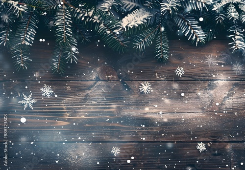 Snowy Fir Branches on Rustic Wooden Background photo