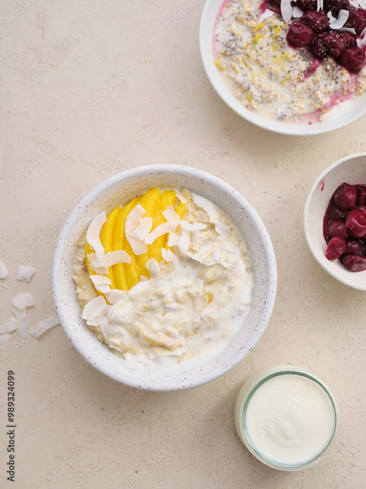 Overnight oats with various toppings. Fitness healthy organic breakfast in a bowl Overnight oats with various toppings. Fitness healthy organic breakfast in a bowl