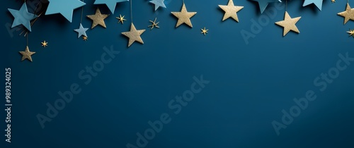 Minimalist Christmas Background with Gold Stars on Blue