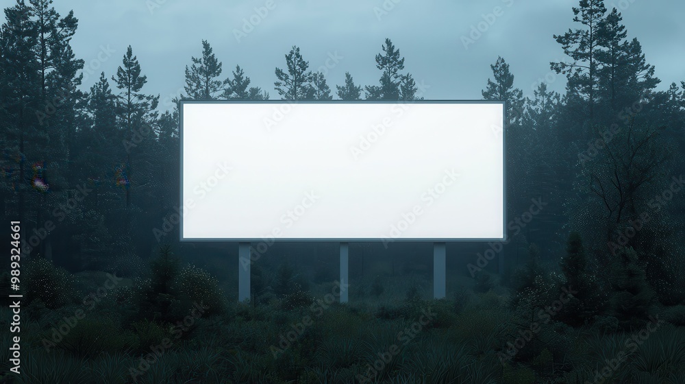 Fototapeta premium A blank billboard stands amid a misty forest, surrounded by tall trees, creating a serene but isolated atmosphere.