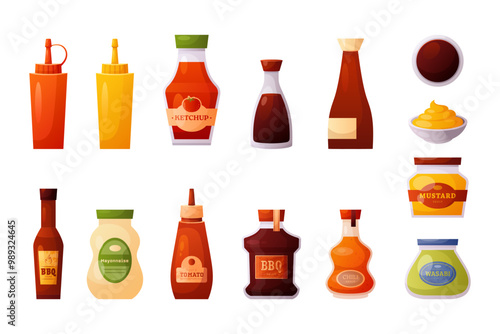 Hot sauces icons. Vector set of different sauces: tomato ketchup, mustard, mayonnaise, soy, hot spice, pepper chili, wasabi, teriyaki, bbq. Food seasoning jar bottle. Spicy dressing for meal, barbecue