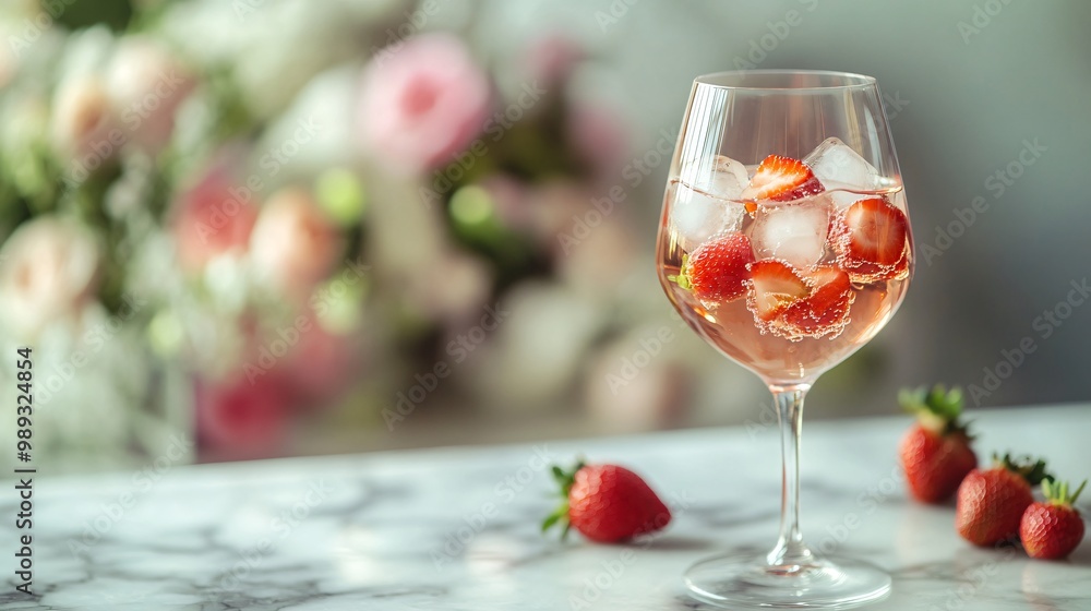 A glass of refreshing strawberry drink with ice cubes on a marble surface. A glass of refreshing strawberry drink with ice cubes on a marble surface.