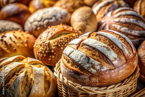 A basket of bread with a variety of shapes and sizes. The bread is white and has a slightly rough texture. The basket is woven and has a rustic feel