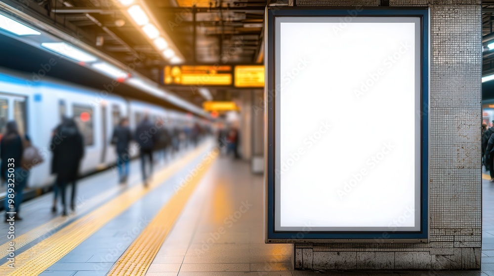 A blank advertisement board at a subway station, surrounded by blurred commuters and a train waiting at the platform. A blank advertisement board at a subway station, surrounded by blurred commuters and a train waiting at the platform.