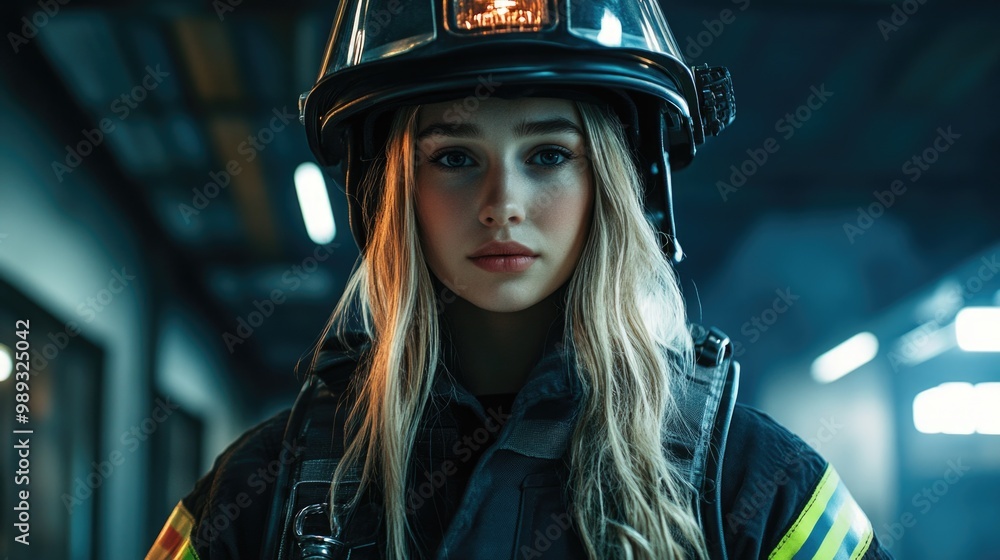 A brave plus-size firefighter stands confidently in full gear at a fire station A brave plus-size firefighter stands confidently in full gear at a fire station
