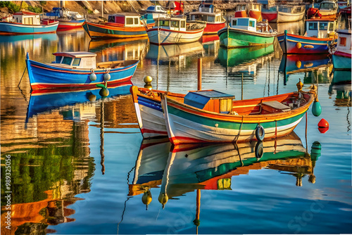 Wallpaper Mural A row of colorful boats are docked in a harbor. The water is calm and the boats are reflecting the sunlight. The scene is peaceful and serene Torontodigital.ca