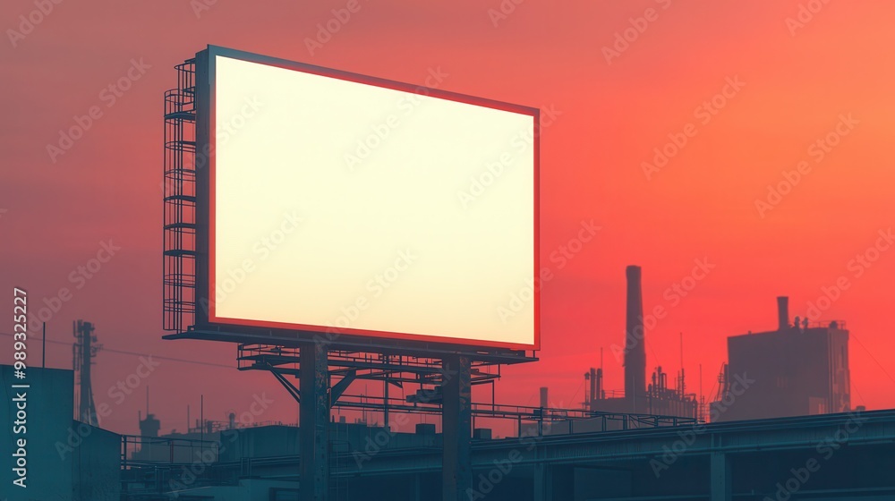 A blank billboard stands against a vibrant sunset, framed by silhouettes of buildings and industrial structures. A blank billboard stands against a vibrant sunset, framed by silhouettes of buildings and industrial structures.