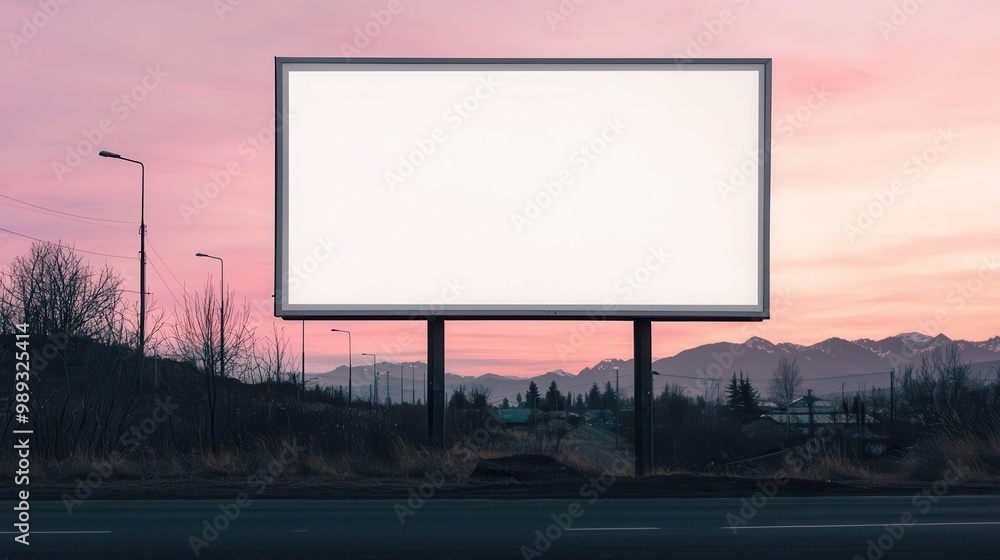Obraz premium A blank billboard stands against a colorful sunset, surrounded by trees and mountains, inviting creativity and potential advertising.