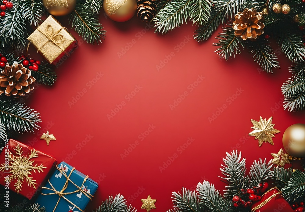 Red Christmas Background with Fir Branches and Decorations