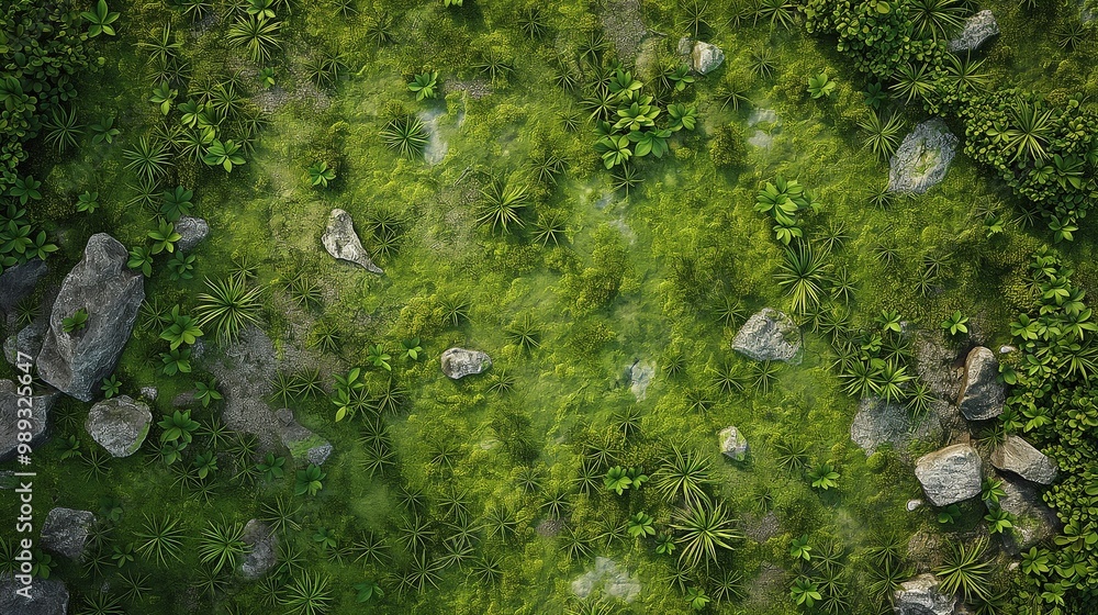 An overhead view of a ground texture featuring a blend of lush moss, scattered stones, and green grass, providing a detailed base for game landscapes. An overhead view of a ground texture featuring a blend of lush moss, scattered stones, and green grass, providing a detailed base for game landscapes.
