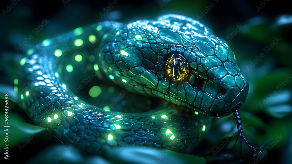Fototapeta premium Glowing Green Snake 3D Illustration