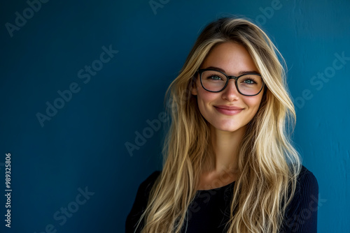 A smiling businesswoman with long blonde hair and glasses against a blue background.