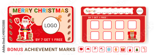 Christmas or New Year coffee loyalty card for client with space logo. Holiday Xmas cafe coupon visitor. Celebration promotion seven cup of drink get one free. Vector illustration