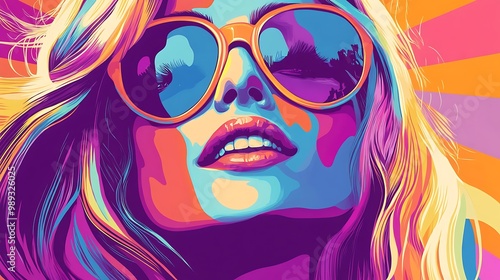 A vibrant, stylized portrait of a woman wearing sunglasses, exuding a retro, colorful aesthetic. photo